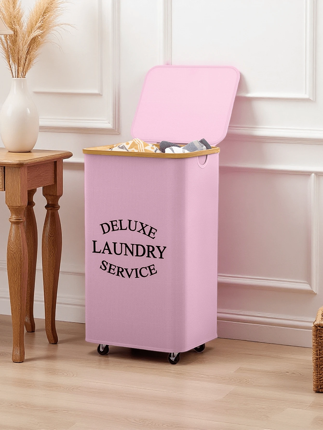Cesta de lavandería de bambú de 60L/90L/100L/110L con ruedas y tapa - Incluye forro de malla extraíble, cesta de ropa sucia plegable con asas y tapa, cesto de lavandería de gran capacidad, cesta de lavandería plegable de tela - Multicolor - Ver 1