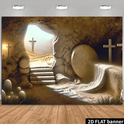 2D Flat, 1pc Easter Party Banner - Religious Easter Decor With Stone Cave Scene, Cross And Staircase Pattern, Suitable For Decorating Holiday Parties, As Celebration Background, Multipurpose Decoration, Holiday Gift, Polyester Material, No Power Required