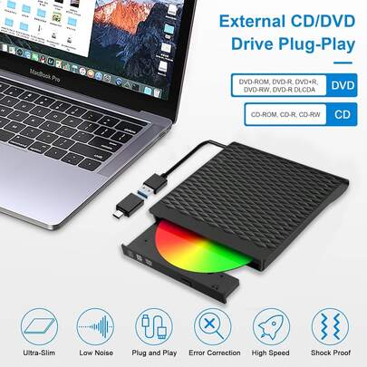 1pc External CD/DVD Drive, USB 3.0 + Type-C Portable CD/DVD Burner, Compact Disc Player For Laptop & Desktop, Reliable Performance For Office & Home Entertainment