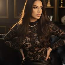 Transparent Floral Lace Bodysuit - Blogger Style - Black - View 1