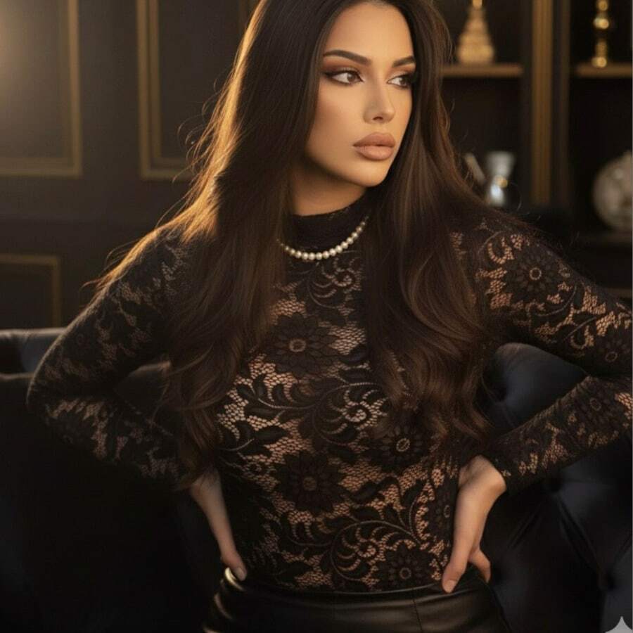 Transparent Floral Lace Bodysuit - Blogger Style - Black - View 1