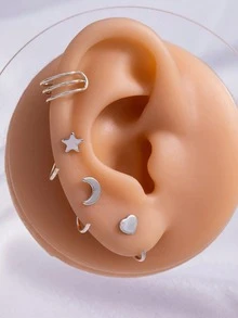 一套优雅不对称银色星星、月亮、心形夹式耳环和耳钉套装 - 銀色 - 查看 4