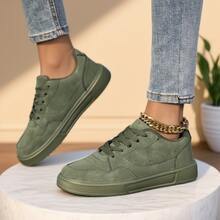 Women's Casual Sneakers, Student Style Skateboard Shoes, Fashionable Low-Top Lace-Up Olive Green Athletic Shoes, Suitable For Walking And Commuting, All Season - Olive Green - View 4