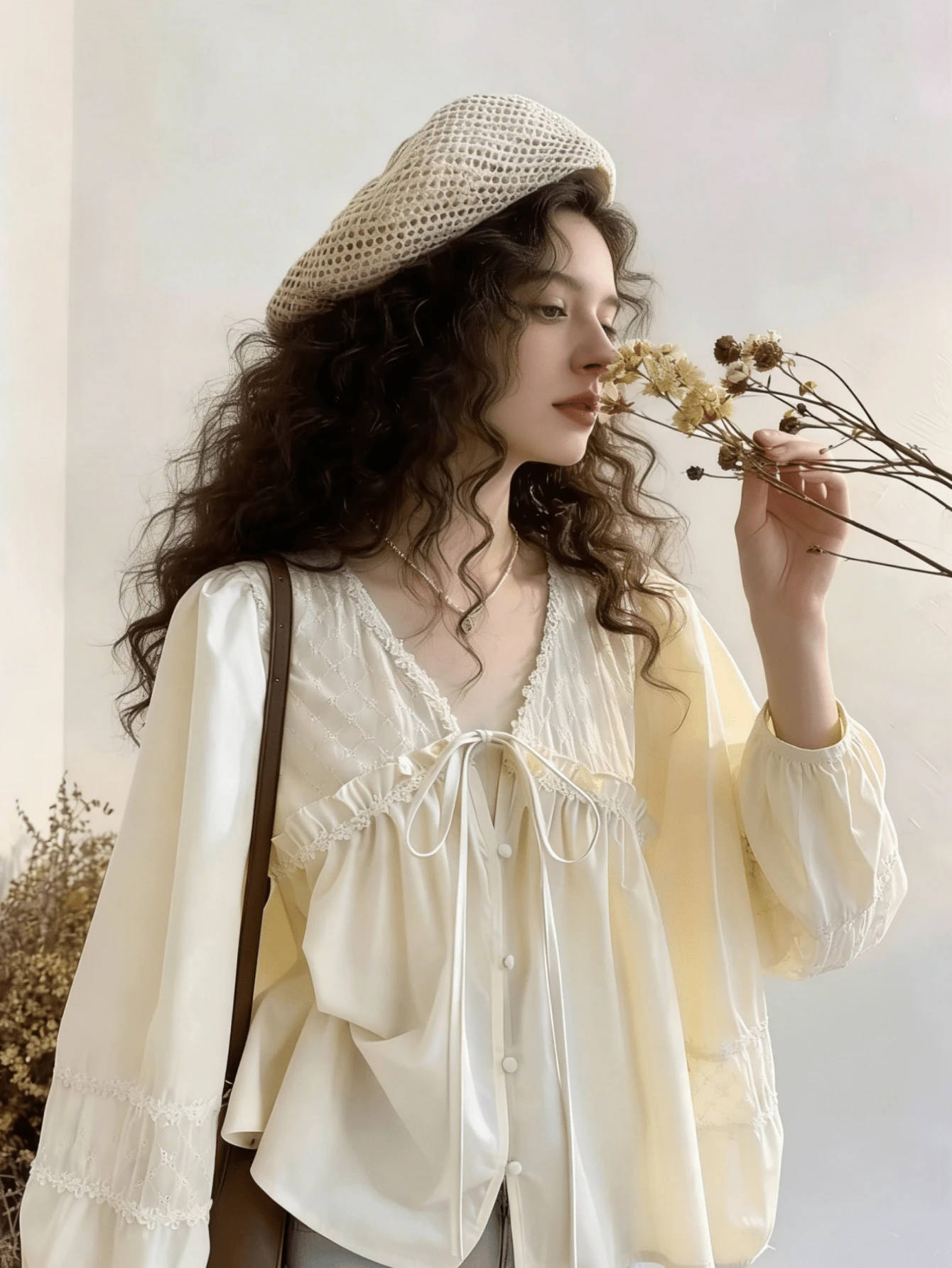 Plus Size Women's Elegant Embroidered Beige Lace Trim Ruffle Blouse - Beige - View 1
