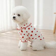 情人节宠物情侣装，心形图案罗纹荷叶边T恤，适合小型至中型犬，春秋季 - 白色 - 查看 8