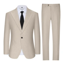 Bộ vest nam Furuyal bằng vải lanh, áo khoác và quần, dáng ôm, cài khuy đơn, thích hợp cho các dịp thường ngày, công sở, tiệc tùng. - Màu be - Xem 3