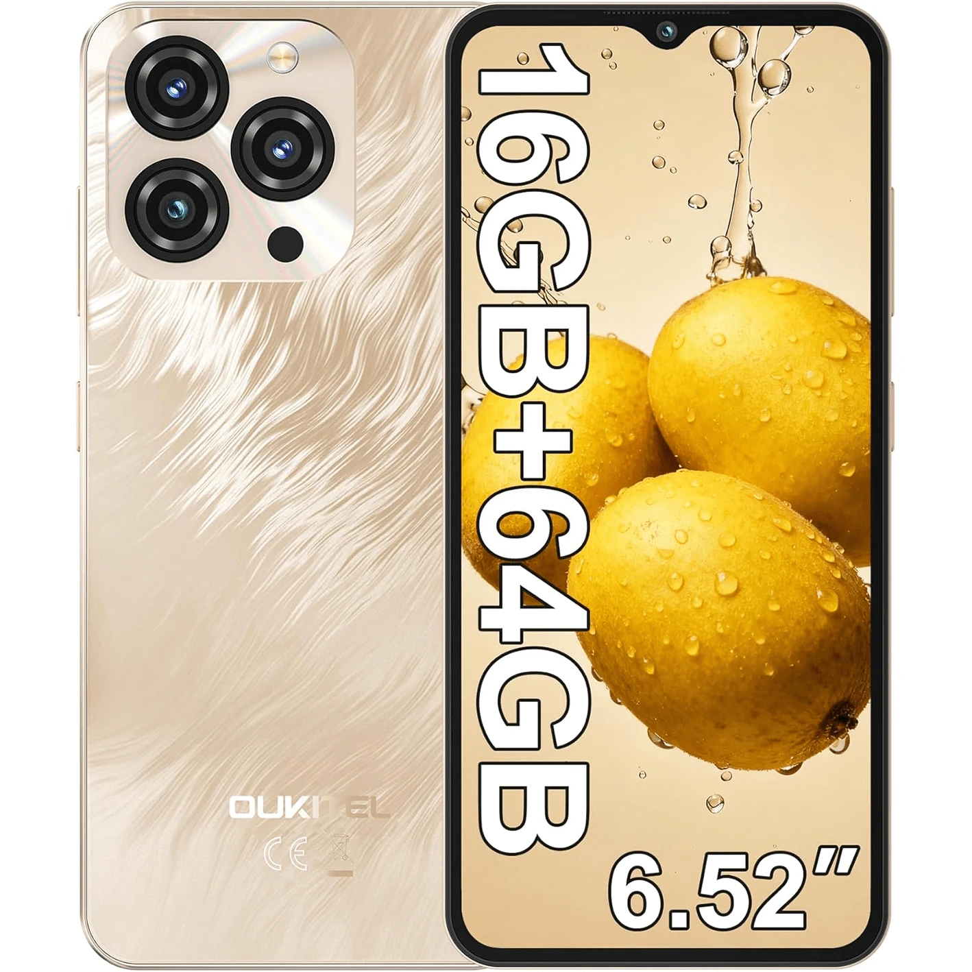 OUKITEL C3 安卓 14 解锁智能手机，2025-16GB+64GB，6.52 英寸水滴屏，5000mAh 电池，1300 万像素摄像头，八核处理器，指纹识别/3.5mm 耳机孔/GPS - 金色 - 查看 1