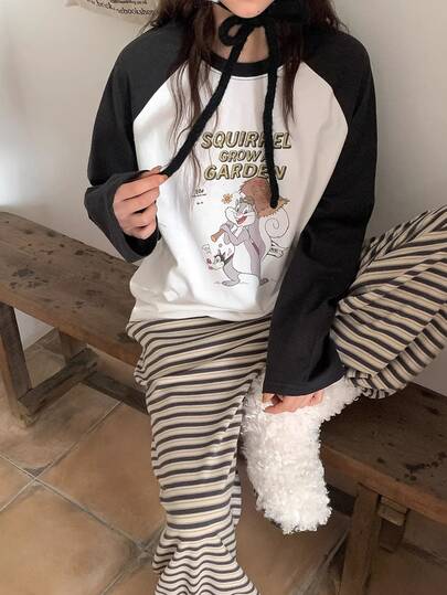 Vintage Squirrel Cartoon Print Raglan T-Shirt, Women's Loose Casual "SQUIRREL GROW GARDEN" Graphic Tee