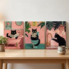 3幅可爱粉色猫咪帆布墙画 - 抽象树叶和水彩插画，适用于浴室、卧室和客厅，可选配画框 - 彩色 - 查看 12