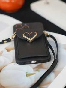 INS Style Luxury Black Heart Inlay Card Slot Phone Case With Detachable Strap, Shockproof Full Coverage Phone Protective Case Compatible With IPhone 11/12/13 Series, Compatible With IPhone 14/15/16/16 Pro Max, Compatible With IPhone 17/17 Pro/17 Pro Max - Black - View 3
