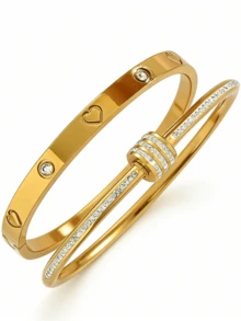 Set de 2 piezas de pulseras elegantes de acero inoxidable con rhinestones - Dorado, diseño de moda, adecuado para uso casual, formal, de fiesta, vacaciones y diario {Set de pulseras de moda} Regalo para Eid Al-Fitr - Conjunto de dos piezas de pulsera en forma de corazón - Ver 7