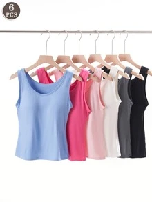 6PCS Multi-Color Modal Women Wide-Strap Casual Vests, Slim Fit With Fixed Built-In Cups, Wireless Bra Tank Tops For Home And Outdoor Use - Multicolor - View 9