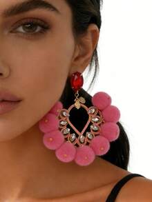 1对简约时尚清新夸张毛球微镶锆石吊坠耳环，小众高端女士耳环 - 玫紅色 - 查看 2