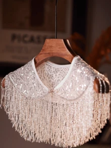 1 chiếc khăn choàng tua rua bạc sang trọng đính ngọc trai và đá rhinestone, thiết kế đa năng, khăn choàng dệt thủ công đính hạt, thích hợp cho ngày Valentine, trang phục ngày lễ, khăn choàng trang trí sang trọng. - bạc - Xem 5