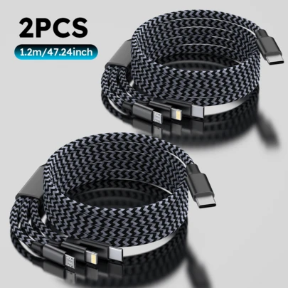 MPATIBY 2 paquetes de cable de carga 3 en 1 de nailon (1,2 m), USB-C compatible con 3 conectores para iPhone