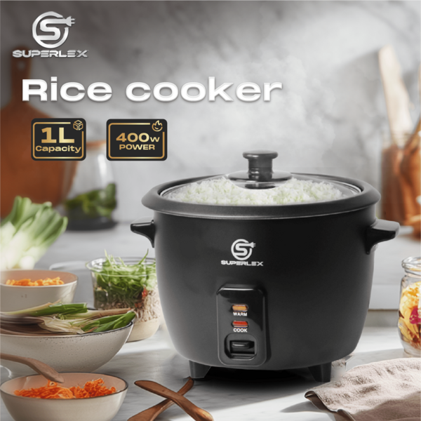 SUPERLEX Electric Rice Cooker With Measuring Cup, Removable Non Stick Bowl, Keep Warm, Detachable Power Cord, 450W 1L