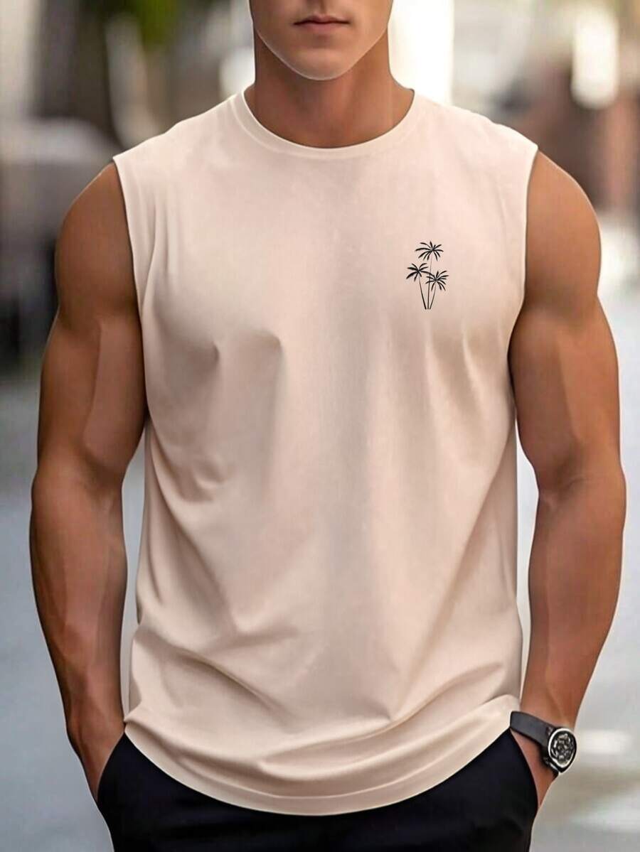Men's Beach Tank Top, 100% Cotton, Coconut Tree Style Sleeveless T-Shirt - Beige - View 1