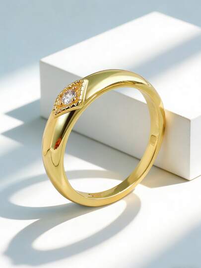 Charm-In 1pc Women's Gold-Tone Cubic Zirconia Inlaid Rhombus Pattern Minimalist Ring, Daily Jewelry, Gift