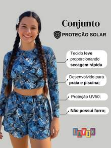 Teen Tropical Beach Set With UV50 Protection: Cropped Top + Printed Shorts 79-C1 - Blue Background Black - View 2