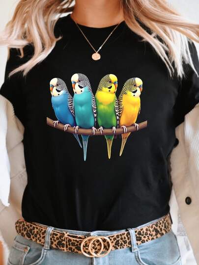 100% Cotton A Casual Short-Sleeve Crew Neck T-Shirt Featuring A Print Of Four Colorful Budgerigars Sitting On A Branch, Perfect For Summer And Spring, Designed For Women.