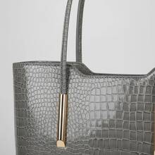 LaytonVivian L0032 Women's Large Structured Handbag With Shoulder Strap, Elegant Croco Texture, Spacious For Work And Everyday Use - Grey - View 4