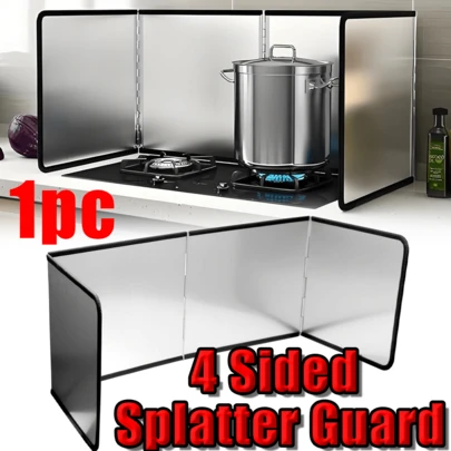 1pc Foldable 4-Sided Stove Splatter Shield, Stainless Steel Kitchen Oil Splash Guard With Black Edging, Ideal For Gas Stoves & Frying, Heat-Resistant & Space-Saving, Essential Accessory For Mess-Free Home Cooking