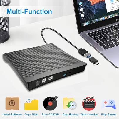 1pc External CD/DVD Drive, USB 3.0 + Type-C Portable CD/DVD Burner, Compact Disc Player For Laptop & Desktop, Reliable Performance For Office & Home Entertainment