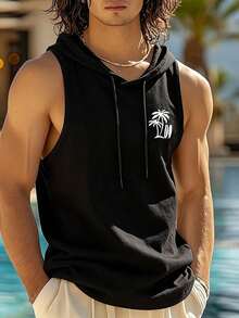 男士印花休闲无袖连帽背心 | 精致设计 | 夏季必备 | 时尚百搭，展现您的风格 - 黑色 - 查看 2