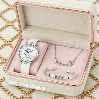 妈妈女士腕表首饰套装 - 可爱表盘腕表 + 字母项链 + LOVE 手链，温柔优雅的日常搭配，母亲节、情人节、新年理想礼物