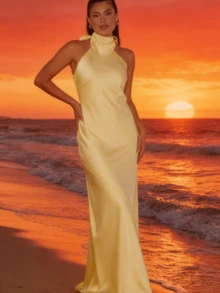 Women Scarf Maxi Dress Silk Halter Tie Up Backless Bodycon Dress Cowl Back Draped Party Wedding Dresses - Amarillo - Ver 3