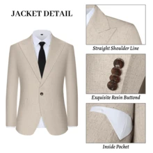 Bộ vest nam Furuyal bằng vải lanh, áo khoác và quần, dáng ôm, cài khuy đơn, thích hợp cho các dịp thường ngày, công sở, tiệc tùng. - Màu be - Xem 5