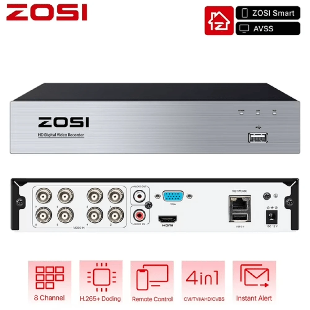 ZOSI 8-Channel 2MP Hybrid 4-In-1 DVR Surveillance Video Recorder With Human Detection, Remote Access For HD-TVI, CVI, AHD, And CVBS 720P/1080P Analog Security Camera, No HDD - Khaki - View 1