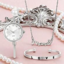 Mama Love Silver-Tone Women's Watch Jewelry Set - Watch + Letter Necklace + LOVE Bracelet, Gentle Elegant Daily Matching, Ideal Mother's Day, Valentine's Day, New Year Gift - Silver - View 2