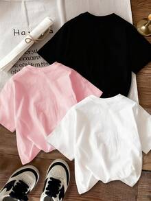3件装少女休闲趣味印花圆领短袖T恤，夏季上衣 - 黑色 - 查看 2