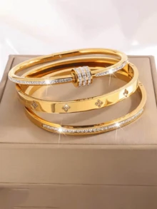 New Fashionable High-Quality Stainless Steel Women Bracelet Jewelry Set, Suitable For Daily Wear, Eid Al-Fitr Gift - Gold - View 4