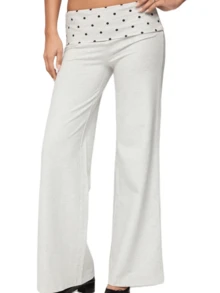 Lounge Wide Leg Sweatpants For Women Fold Over Low Waist Yoga Sweatpants Back To School Clothes Flare Leggings Bell Bottoms Y2K Foldover Pants - 白色 - 查看 6