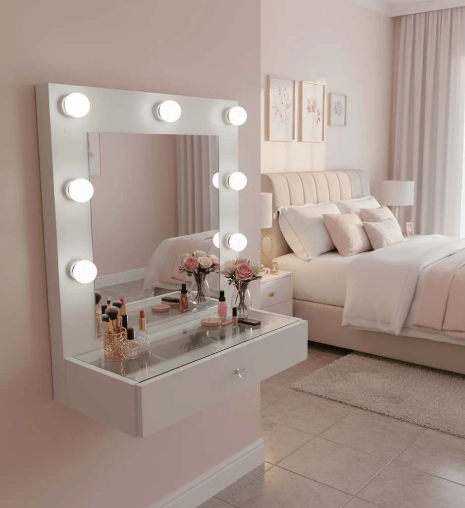 Maggie Dressing Table For Makeup And Jewelry Suspended With Mirror And 7-Nozzle Light Kit Dressing Room 100% MDF (White) - trắng - Xem 1