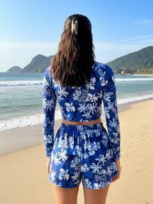 Teen Tropical Beach Set With UV50 Protection: Cropped Top + Printed Shorts 79-C1 - Blue With Blue Background - View 5