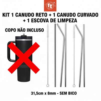 Kit 2 Canudos Aço Inox 31,5cm * 8mm Reutilizáveis para Copo Térmico 1,2L ou Garrafa Térmica + Escova de Limpeza Ideal para Copo Térmico 1200ml 40oz