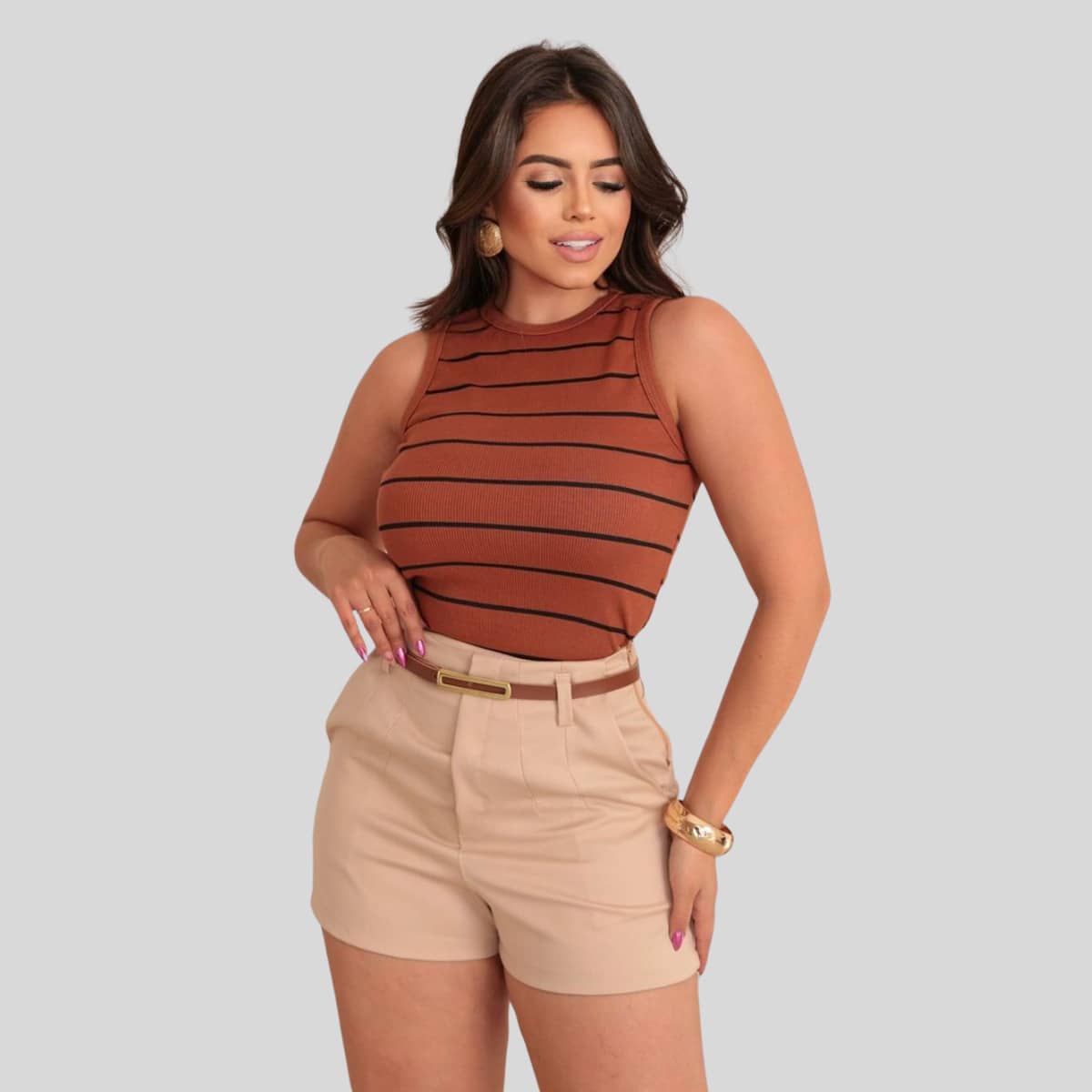 Women's Striped Cotton Tank Top - Rỉ Nâu - Xem 1