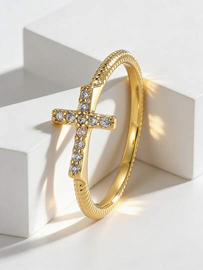Charm-In Women's Gold Plated Zirconia Cross Ring Minimalist & Meaningful Daily Wear Jewelry For Women Ideal Gift For Her On Birthday, Baptism & Holiday