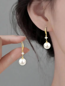 925 Silver White Pearl Zirconia Earrings Gold Silver Retro Valentine Party Gift Box - Gold - View 4