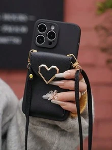 INS Style Luxury Black Heart Inlay Card Slot Phone Case With Detachable Strap, Shockproof Full Coverage Phone Protective Case Compatible With IPhone 11/12/13 Series, Compatible With IPhone 14/15/16/16 Pro Max, Compatible With IPhone 17/17 Pro/17 Pro Max - Black - View 1