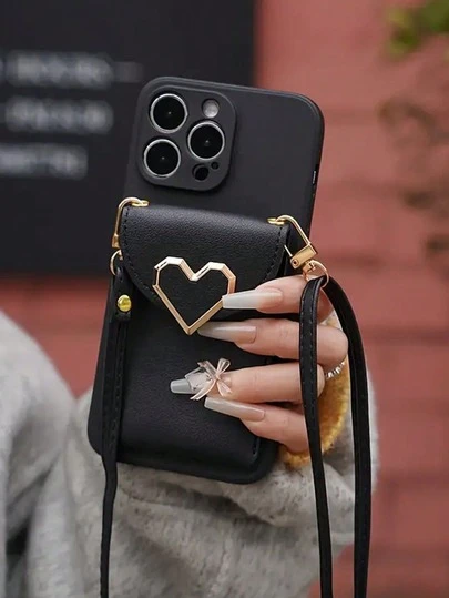 INS Style Luxury Black Heart Inlay Card Slot Phone Case With Detachable Strap, Shockproof Full Coverage Phone Protective Case Compatible With IPhone 11/12/13 Series, Compatible With IPhone 14/15/16/16 Pro Max, Compatible With IPhone 17/17 Pro/17 Pro Max