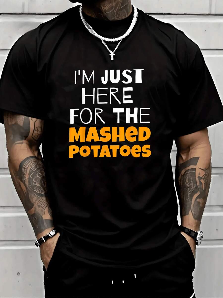 I'm Just Here For The Mashed Potatoes Men's Graphic Print Crew Neck Cotton TShirt Funny Foodie Casual Tee For Thanksgiving Dinner,BBQ Parties,Perfect Gift For Potato Lovers - màu đen - Xem 1