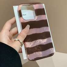 简约时尚粉棕条纹手机壳，兼容 17/16/15/14/13/12/11 Pro Max/XS/XR/X/8/7 Plus/SE2/16e，防震保护套 - 條紋 - 查看 2