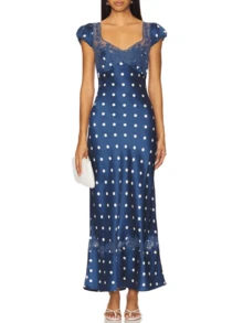 Women's Elegant Polka Dot Satin Maxi Dress Floral Lace Patchwork Bubble Sleeve Sweetheart Neck Open Back Fit  Flare Long Dress Summer  Outfits For Going Out Coquette Clothes For Wedding Academy Resort Vacation Family Gathering Graduation Party Music Festival - 藍色 - 查看 1