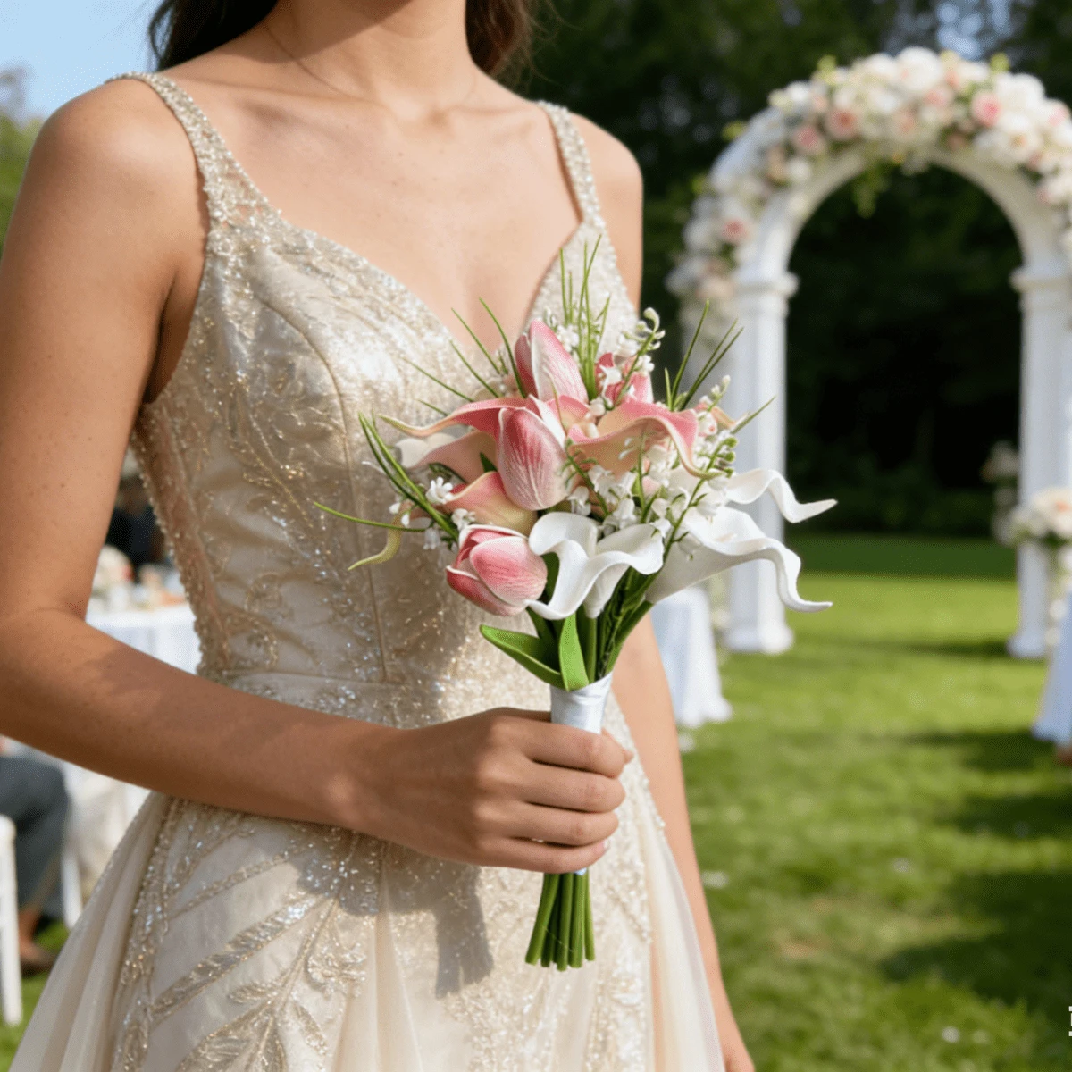 Buquê Artificial de Tulipa Branca e Rosa & Lírio-da-Cala, Prop de Fotografia, Buquê de Dama de Honra para Casamento, Buquê de Noiva, Casamento, Cerimônia, Aniversário, Decoração Primaveril para Casa, Peça Central, Decoração de Mesa de Festa, Decoração de Feriado, Presente de Páscoa, Aniversário, Formatura, Verão, Praia - Multicolorido - Visão 1