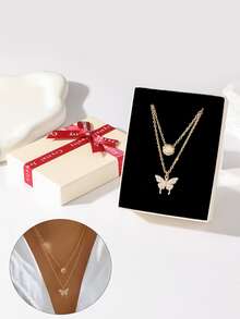 1pc Gold-Plated Women's Necklace, Butterfly & Flower Chain Necklace, Mother's Day Gift, Jewelry Gift Box - Golden 2 - View 5