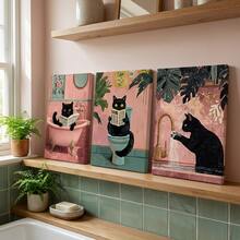 3幅可爱粉色猫咪帆布墙画 - 抽象树叶和水彩插画，适用于浴室、卧室和客厅，可选配画框 - 彩色 - 查看 9